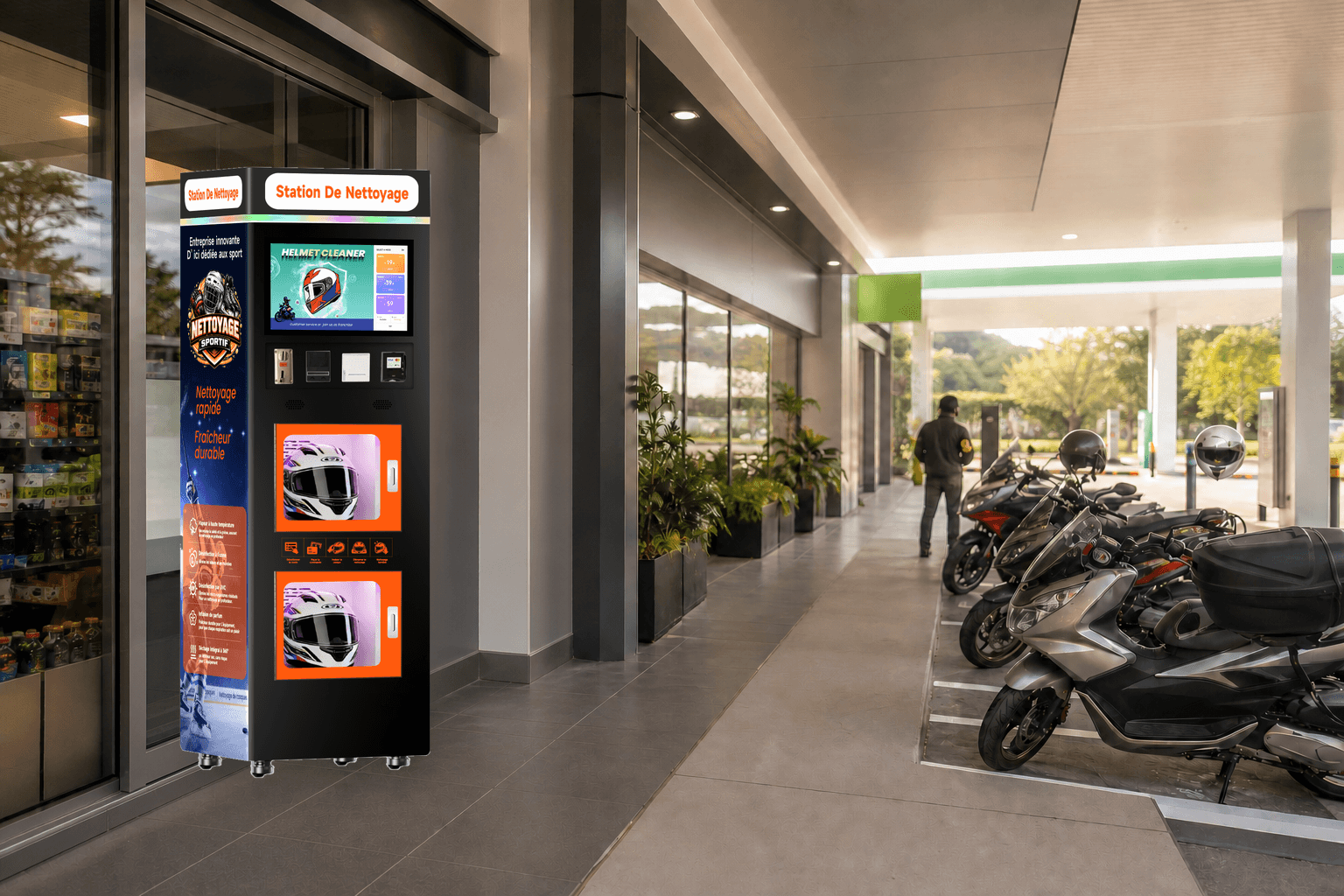 Gasolineras: aplicación de máquina para limpiar cascos