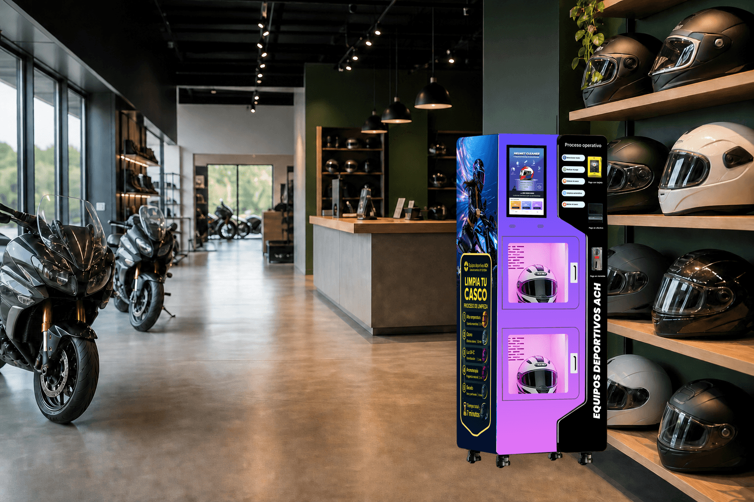 Tiendas de motos: aplicación de máquina para limpiar cascos